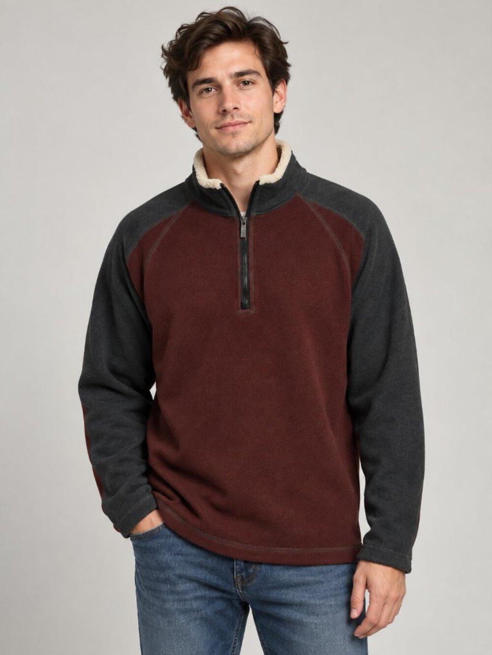 Columbia Men's XL Burgundy Gray Quarter Zip Fleece Pullover Sherpa Collar